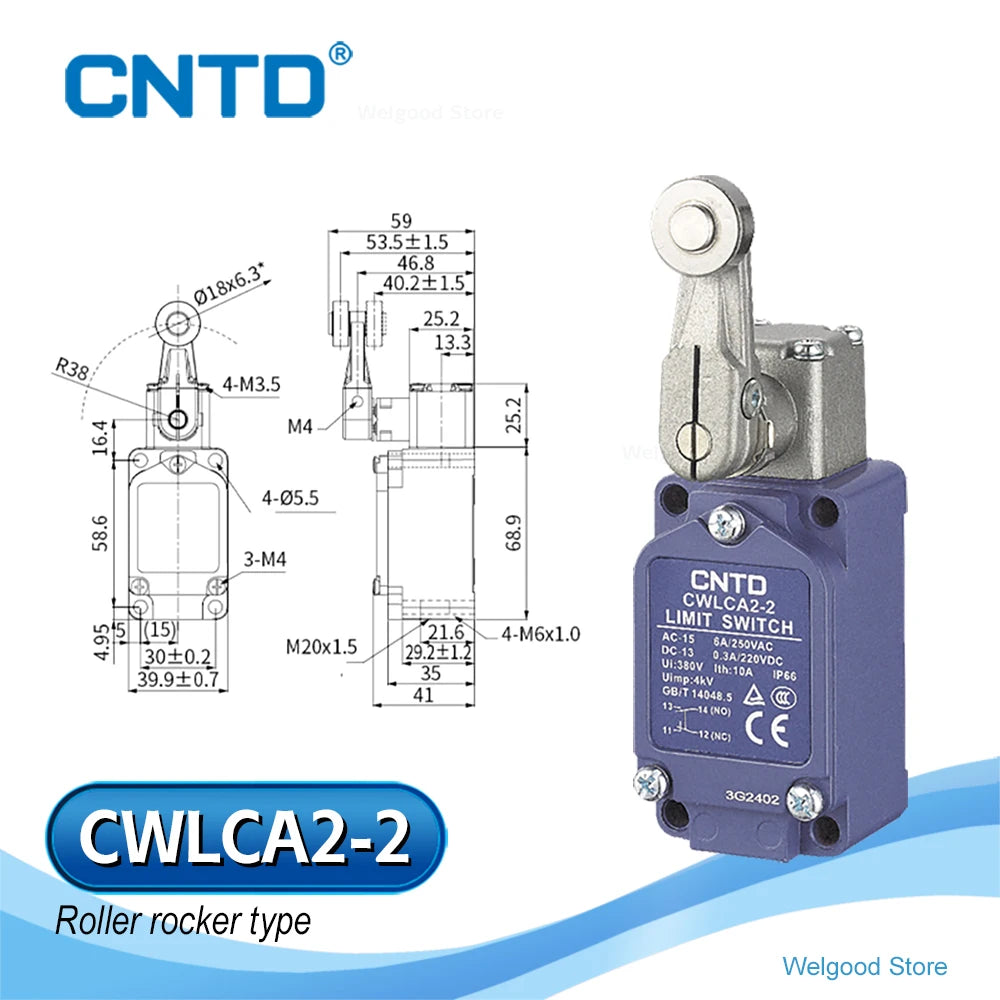 Heavy‑Duty Industrial Limit Switch CNTD CWLCA2‑2 10A 380VAC IP66 DPDT Za Double Break Roller Lever Vertical Travel Switch