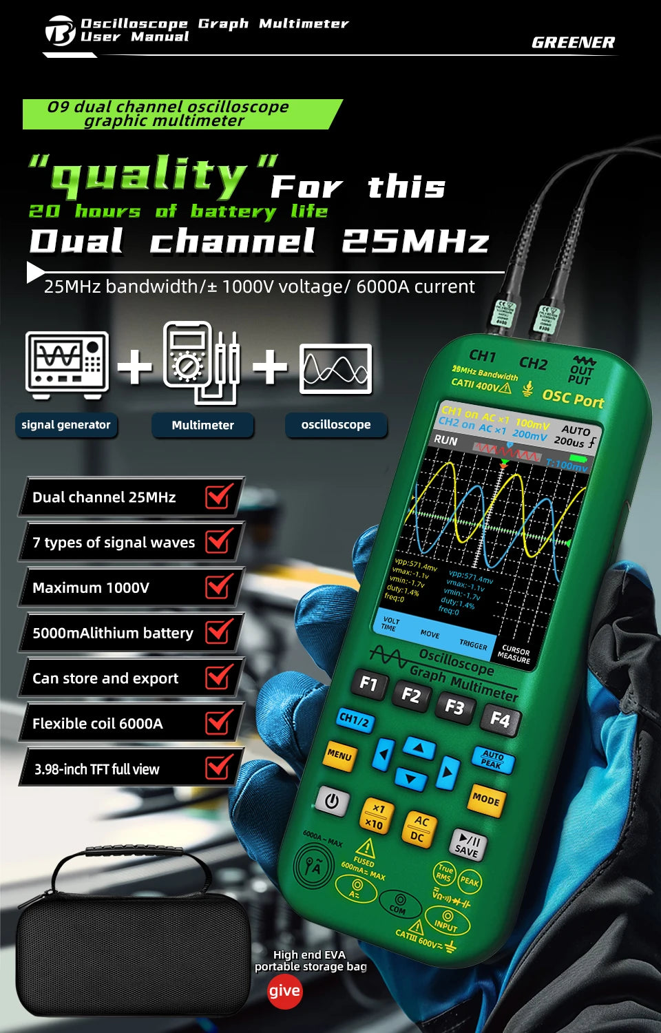 BSIDE 4-IN-1 Handheld Oscilloscope Digital Multimeter+Function Signal Generator Dual Channel O7:25MHz/O9:50MHz Current Tester
