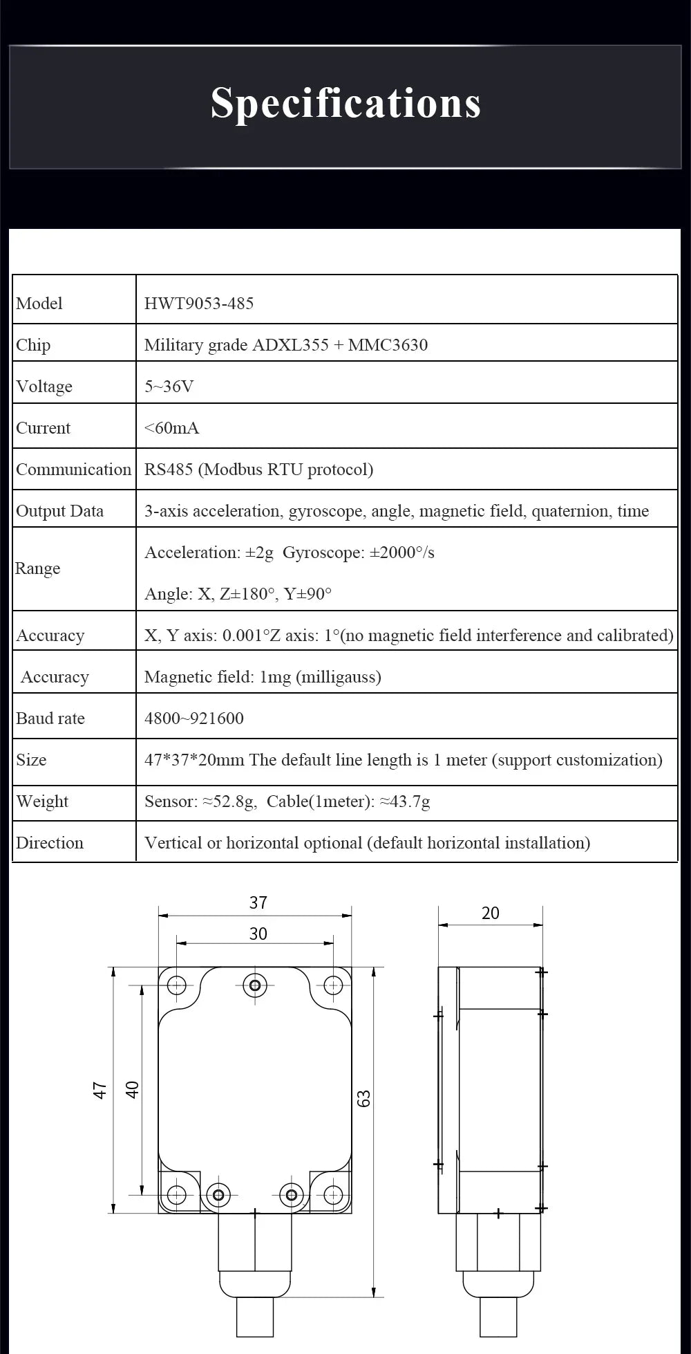 WitMotion HWT9053(X/Y±0.001°)3-Axis Acceleration+Gyro+Euler Sensor IP68 AHRS IMU Built in RM3100 Magnetometer Chip for UAV Robot