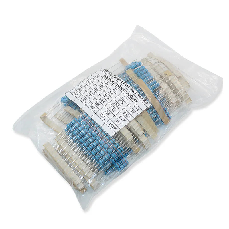 300PCS/Set 30 Kinds 1/4W 1/2W 1W 2W 3W Resistance 1% Metal Film Resistor Pack Assorted Kit 0.1R-750R 1K-820K Resistor 150PCS/Set