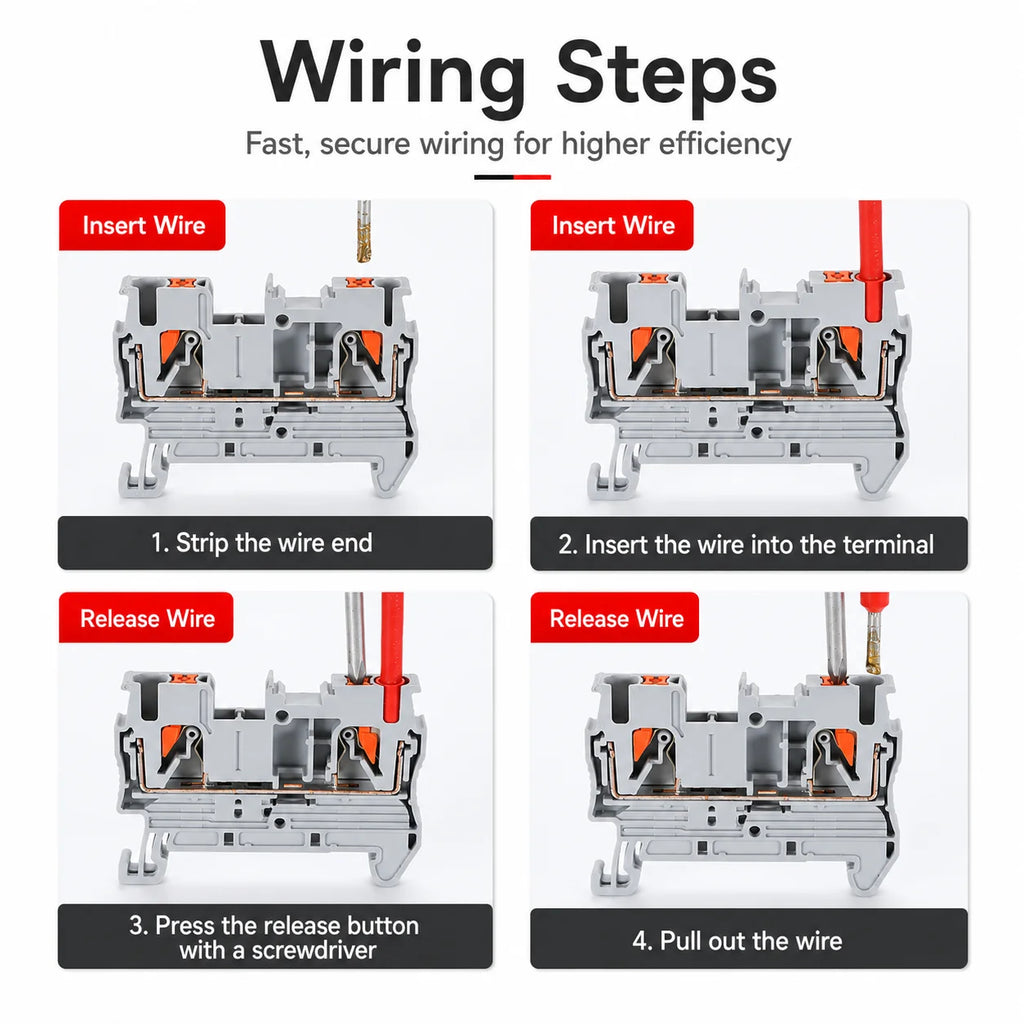 DIN Rail Terminal Blocks PTTB-2.5 Push-In Double Level 0.14-2.5mm2 Screwless Electrical Wire Connectors for Control Panel Wiring