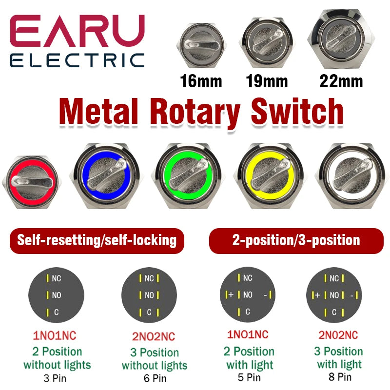 16MM 19MM 22MM Self-return Self-locking Waterproof DPDT Illuminated Metal Selector Knob Rotary Switch 2 3 Position LED Lamp Red