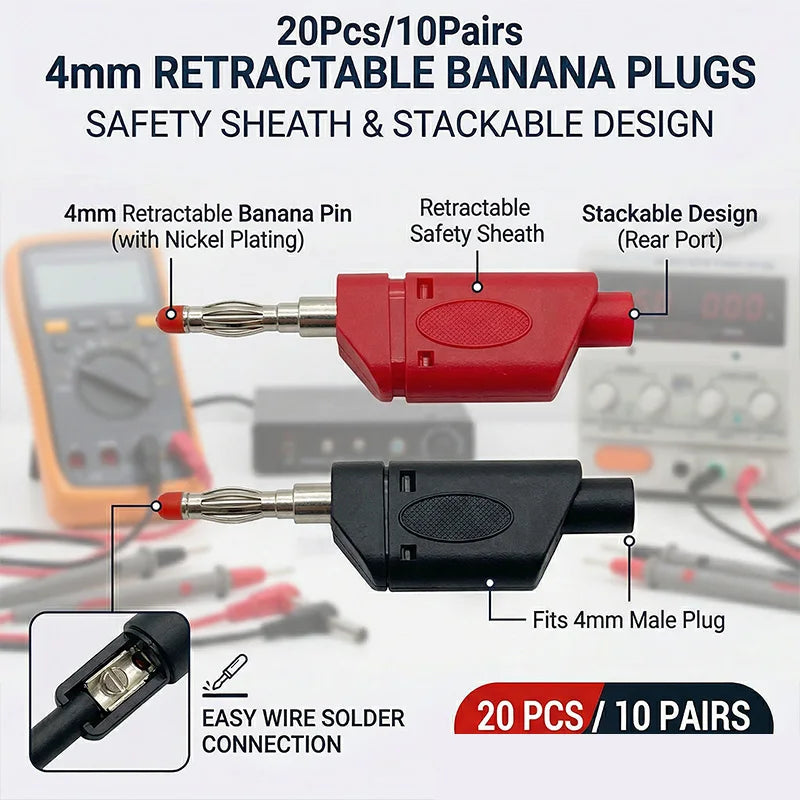 20Pcs Retractable Sheath Stackable 4mm Banana Plugs Nickel-plated Lantern Plug  Solder Banana Plug Connector with Sheath