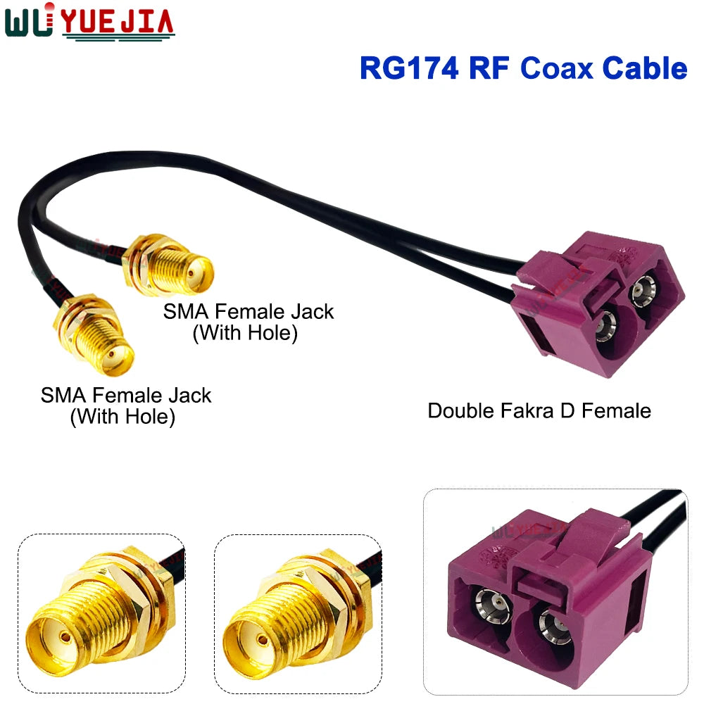 RG-174 Double Fakra D Female to SMA Male Pin + RP-SMA Female Hole 50 Ohm RF Connector Coaxial Cable WIFI Antenna Jumper Pigtail