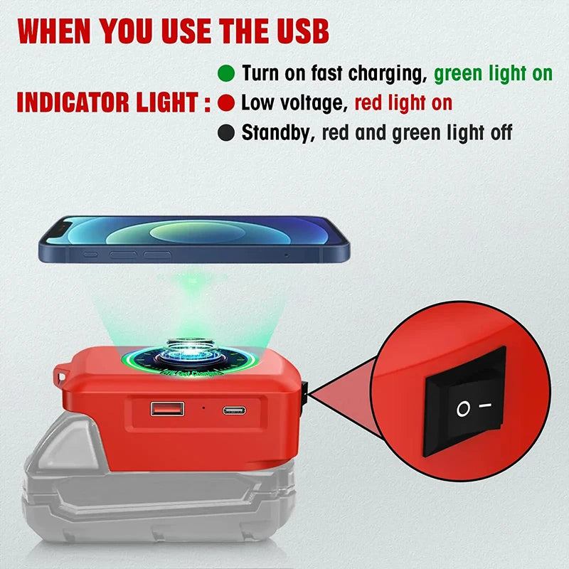 Fast Wireless Charger Adapter for Makita/Milwaukee/Dewalt 18V Battery - with Type C & USB Output, Wireless Phone Charger