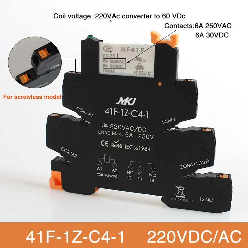 Din Rail Slim Relay Module 41F-1Z-C4-1 Integrated PCB Mount Power Relay With Relay Holder  Relay Socket 6.2mm