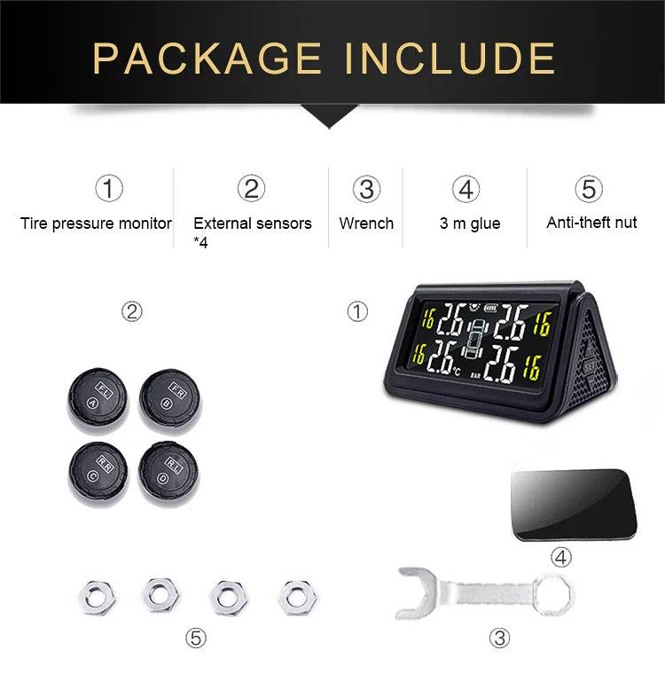 Solar Wireless Tire Pressure Monitoring System TPMS Auto Security Alarm Device Digital Colorful Display With 4 sensors