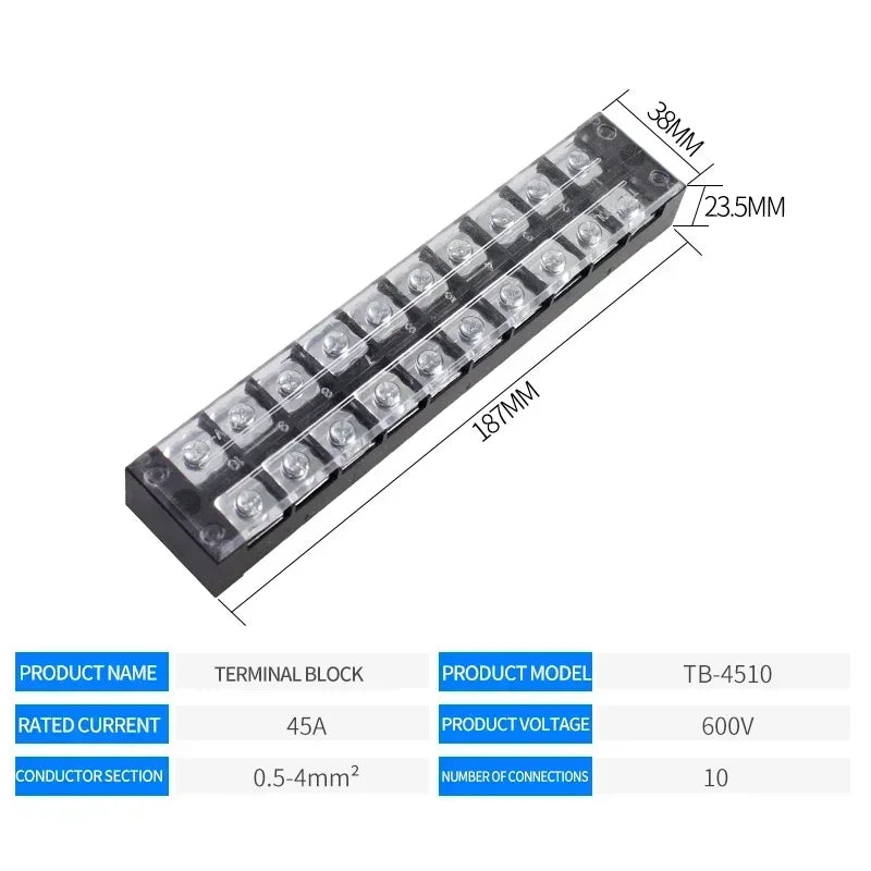 15A/25A/45A 600V Dual Row Barrier Screw Terminal Block Wire Connector TB Series 3/4/5/6/8/10/12 PIN Optional TB-1503 TB-2503