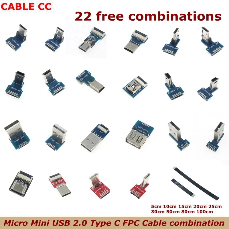 FFC Mini Micro USB Extension Type-C Ribbon Cable 90 FPV Slim Flat Soft Flexible FPC charge FPV Brushless Handheld Gimbal Monitor