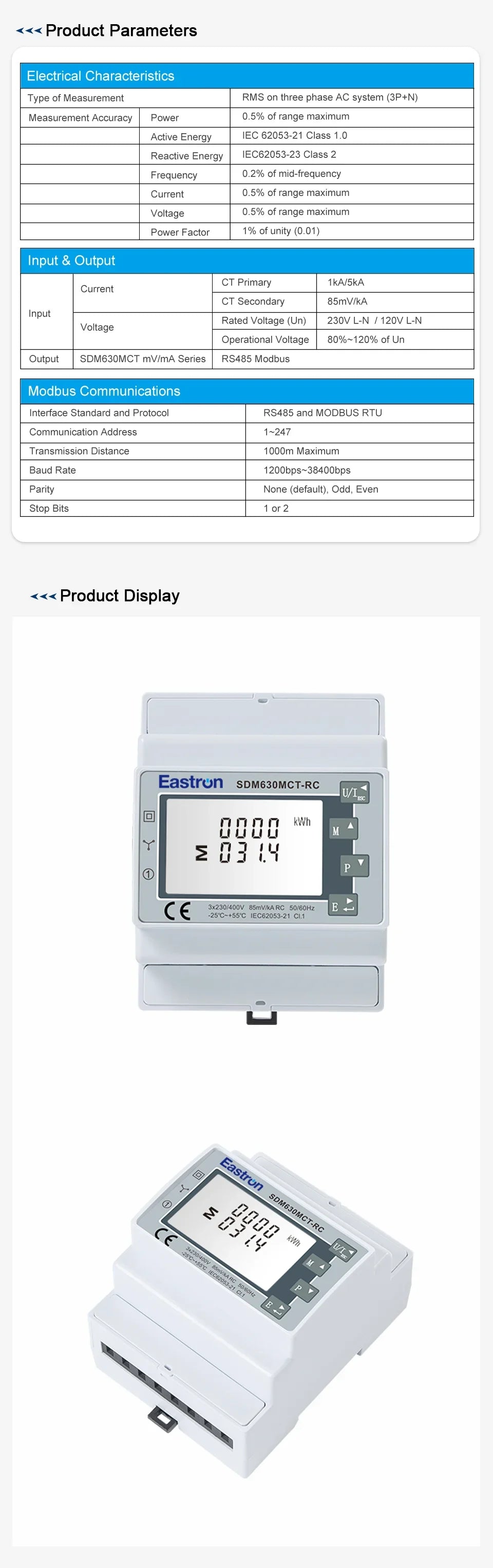 SDM630MCT-RC+3pcsESCT-RC60-240 Three Phase Three Wire Rogowski Coil Energy Meter High Precision Energy Meter with Rogowski Coil