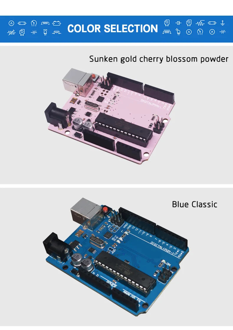 Compatible with Arduino Uno R3 Development Board ATmega328P Microcontroller Module Main Control Board Multicolor USB-B Cable