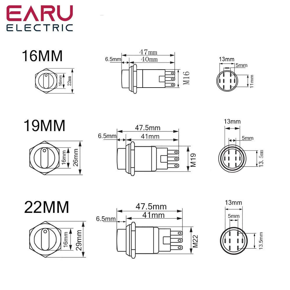 16MM 19MM 22MM Self-return Self-locking Waterproof DPDT Illuminated Metal Selector Knob Rotary Switch 2 3 Position LED Lamp Red