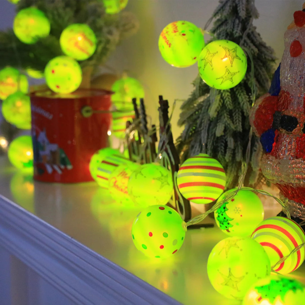 Luminous Xmas Bauble Fairy String Lights, Multipattern Printed Christmas Ball LED Garland, Whimsical Neon Tone Festive Lighting