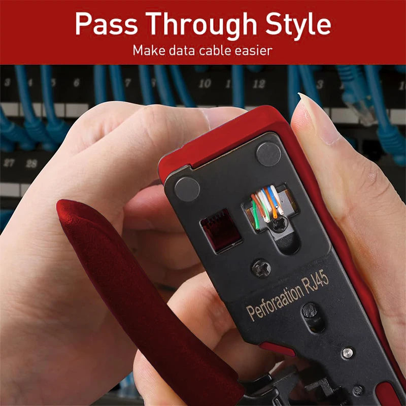 Rj45 Rj12 Rj11 Pass Through Crimp Plier Cat7 Cat6 Cat6A Cat5 Cat5e Stripping Crimping Tool with 8P/6P Ethernet Connectors