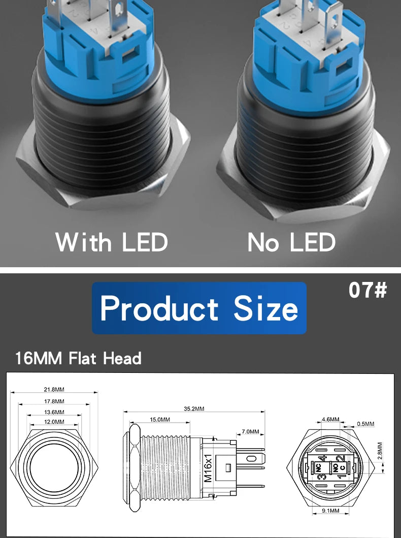5PCS 16/19/22mm Metal Button Switch  Black Shell Flat Head Waterproof LED Momentary Reset Latching Button Switch 12V 24V 220V