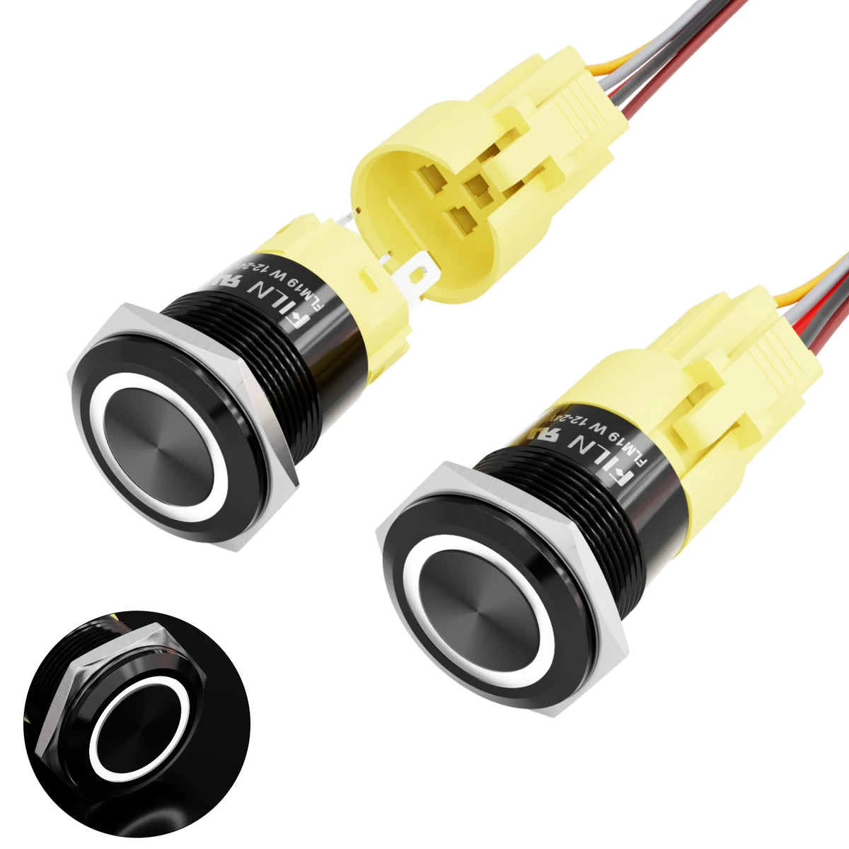 FILN 2PCS 19mm 12V 24V Push Button Switch Ring Button Latching IP65 Waterproof with LED 1NO1NC Pre-Wired Harness 5Amp Marine car