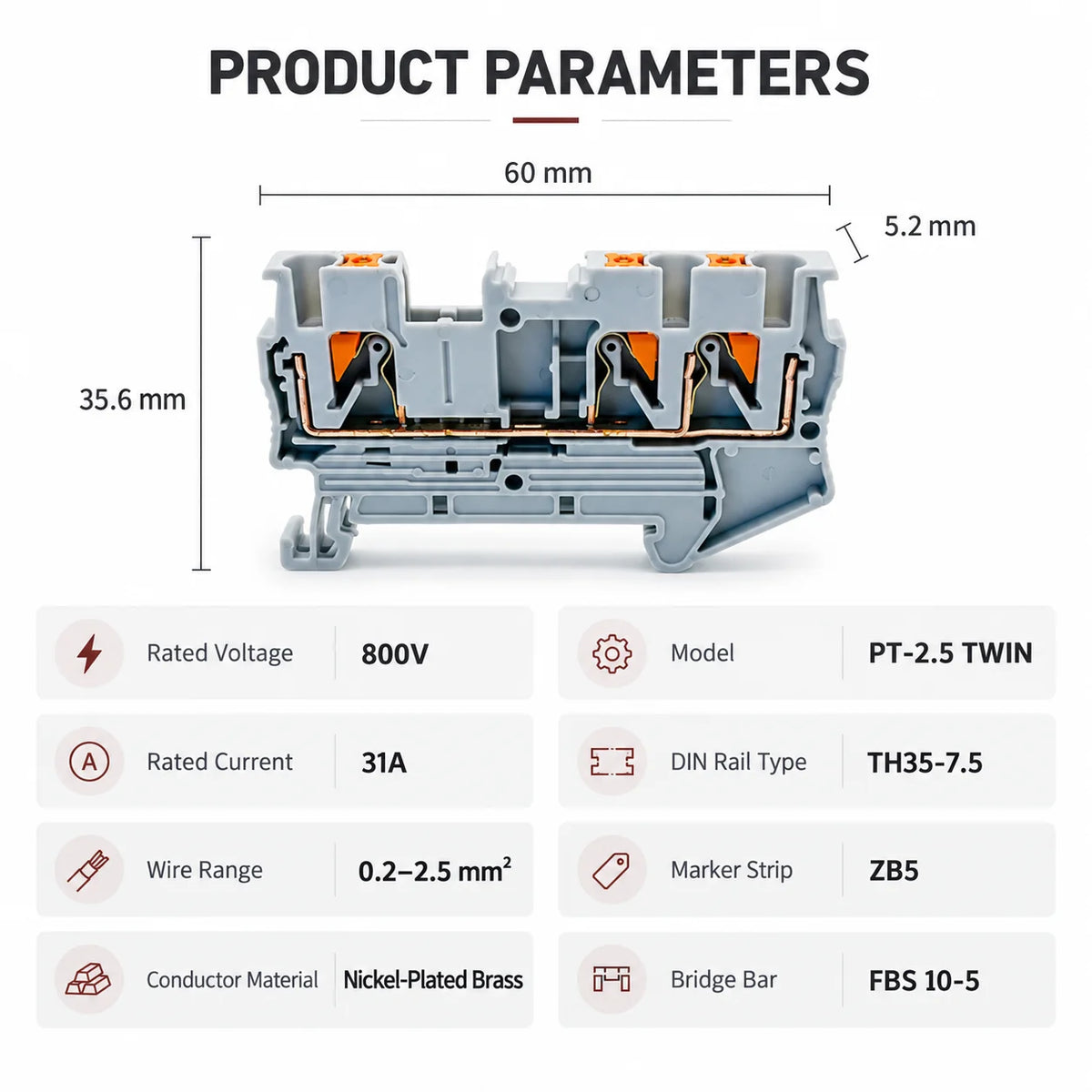 10PCS PT2.5-TW DIN Rail Terminal Block Twin 3-Conductor Feed Through Push In Spring Connector 2.5mm2 NS35 Electrical Wiring