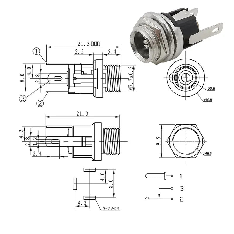 10Pcs 5.5 x 2.1mm DC Power Female Jack Socket Nut Panel Mount Connector Electric Connectors DC-022B DC-099 DC-022K
