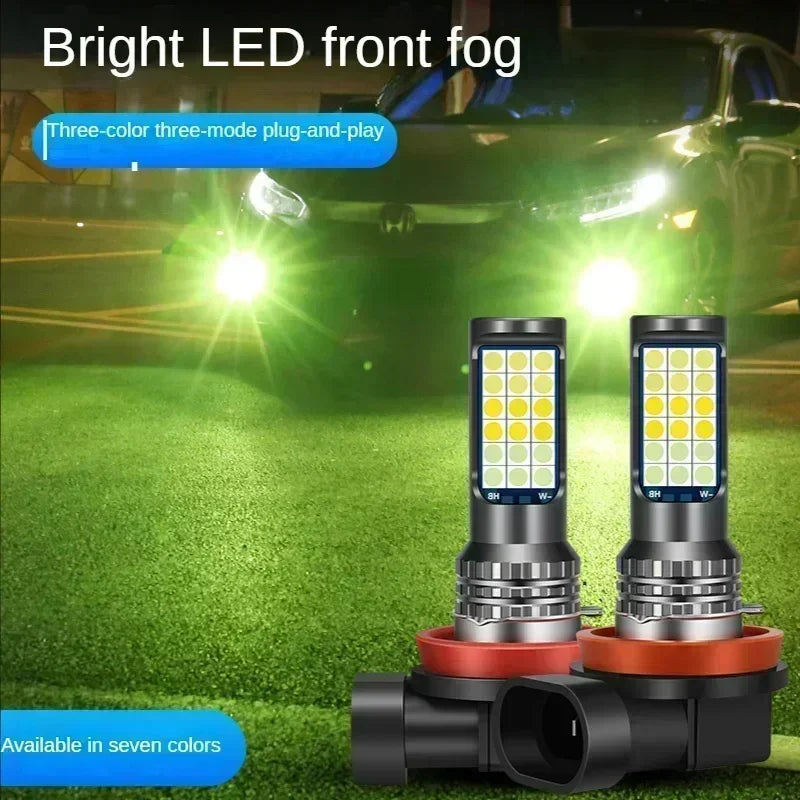 Car Led Fog Lamp with Flashing 3030 Three-Color Fog Lamp Bulb Red Green Pink Blue Super Bright H3 H8 H11 9006 9005 H7 Modified