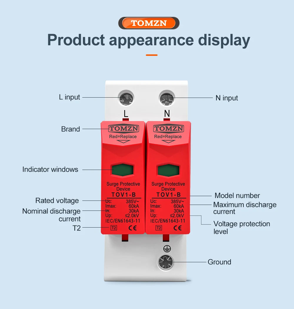 TOMZN AC SPD 2P House Surge Protector Protection Protective Low-voltage Arrester Device 10-20kA 20-40kA 30-60kA 275V 385V 420V