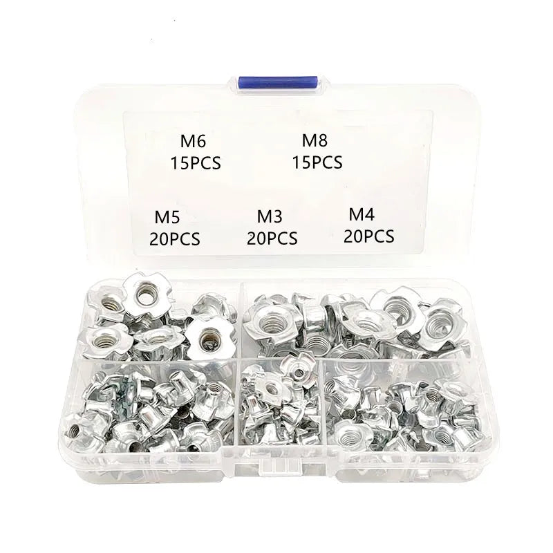 90Pcs M3-M8 Four Prong T-Nuts Kit, Blind Insert Captive Nuts for Wood Furniture, Assorted Woodworking Hardware