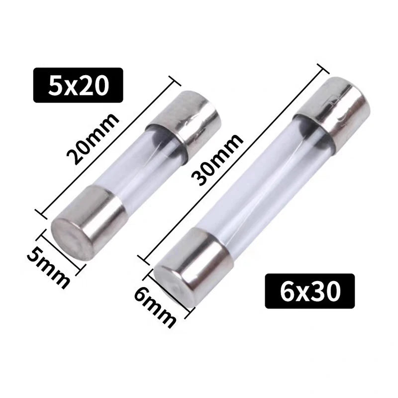 10pcs 5x20mm 6x30mmGlass Fuse Fast Fuse 250V 0.1A 0.2A 0.5A 1A 2A 3A 3.15A 4A 5A 6A 7A 8A10A 12A 15A 20A30A Quick Blow 5*20 6*30