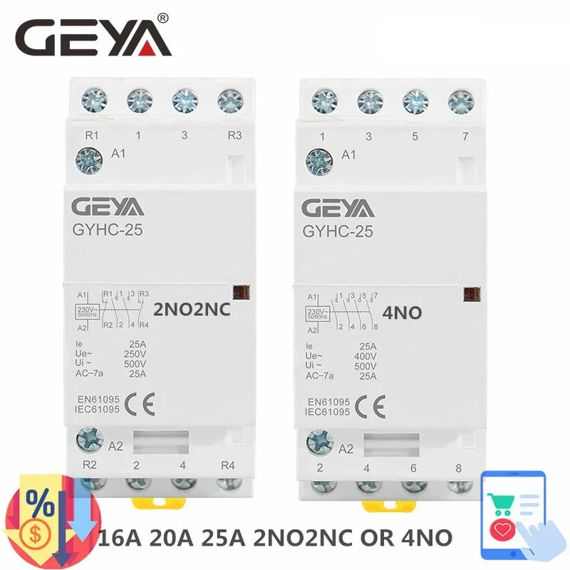 GEYA GYHC 4P 25A 220V/230V 50/60HZ Din Rail Household AC Modular Contactor 4NO OR 2NO2NC OR 3NO1NC OR 4NC