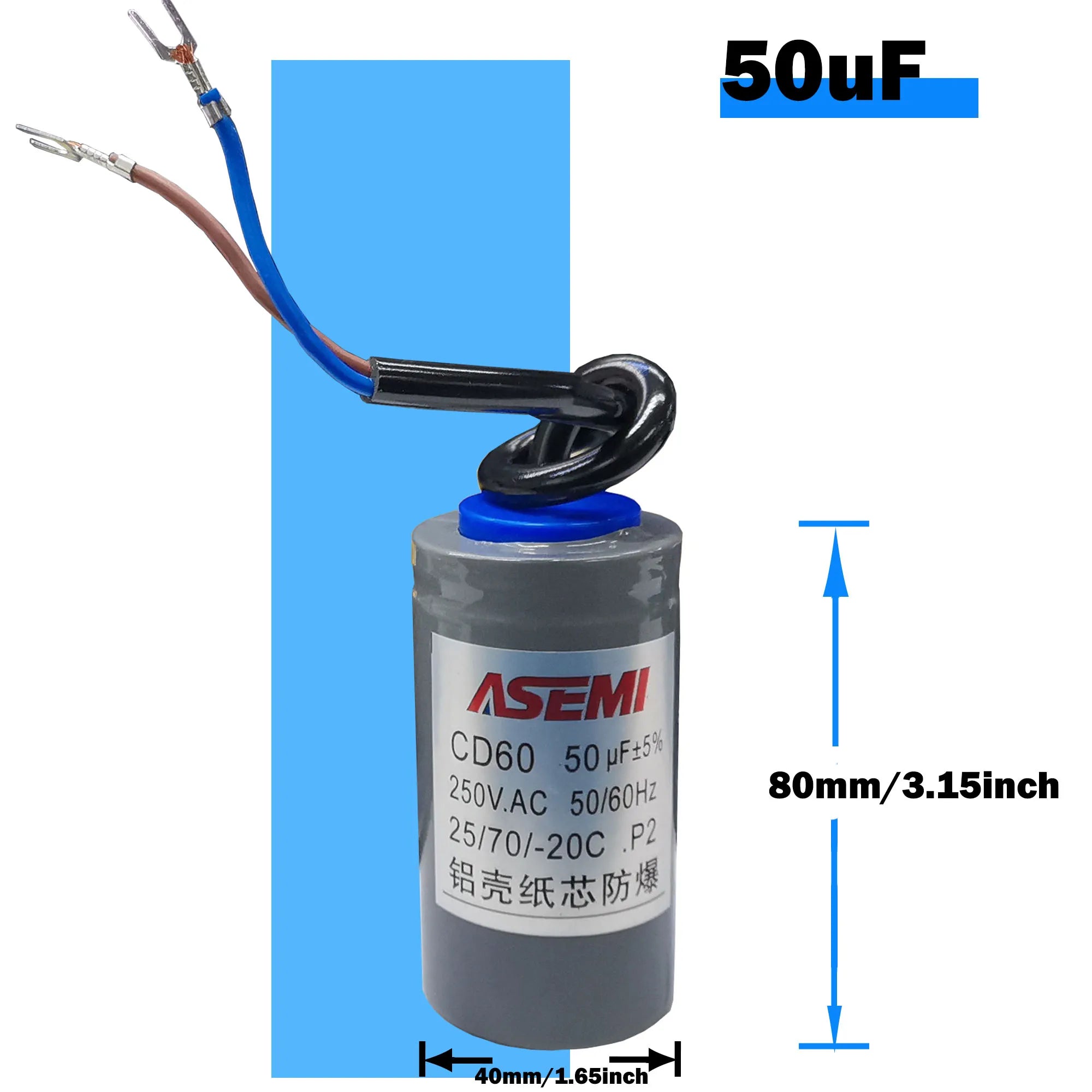 CD60 P2 250V AC 50/60Hz Starting Capacitor Startup Aluminum Shell Paper Core 75uF 100uF 150uF 200uF 250uF 300uF