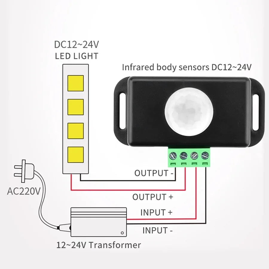 DC 12-24V PIR Motion Sensor Switch - Adjustable Delay Infrared Human Detection Ideal for LED Lights and Wardrobe Strip
