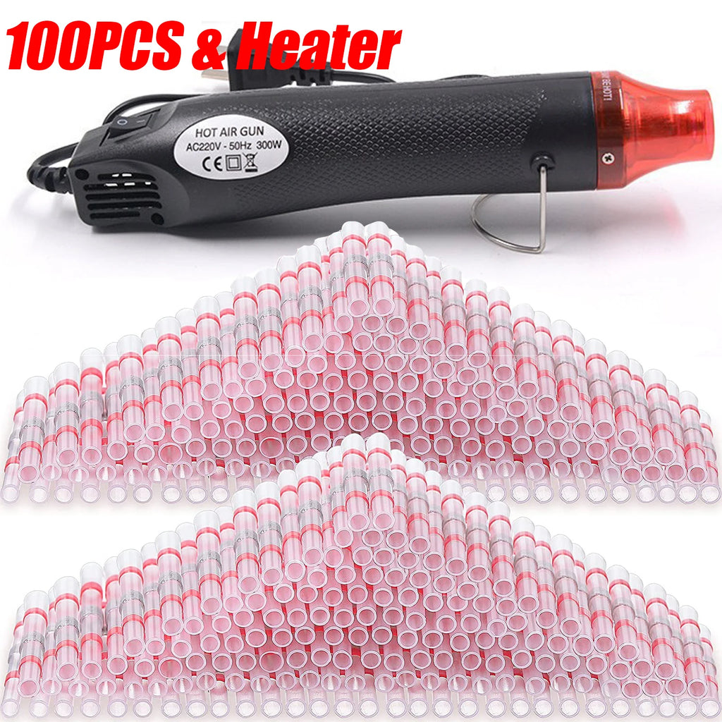 50-1000PCS Heat Shrink Butt AWG22-18 Red Solder Insulated Waterproof Electrical Splice Wire Connectors with Hot Air Gun Us/Eu
