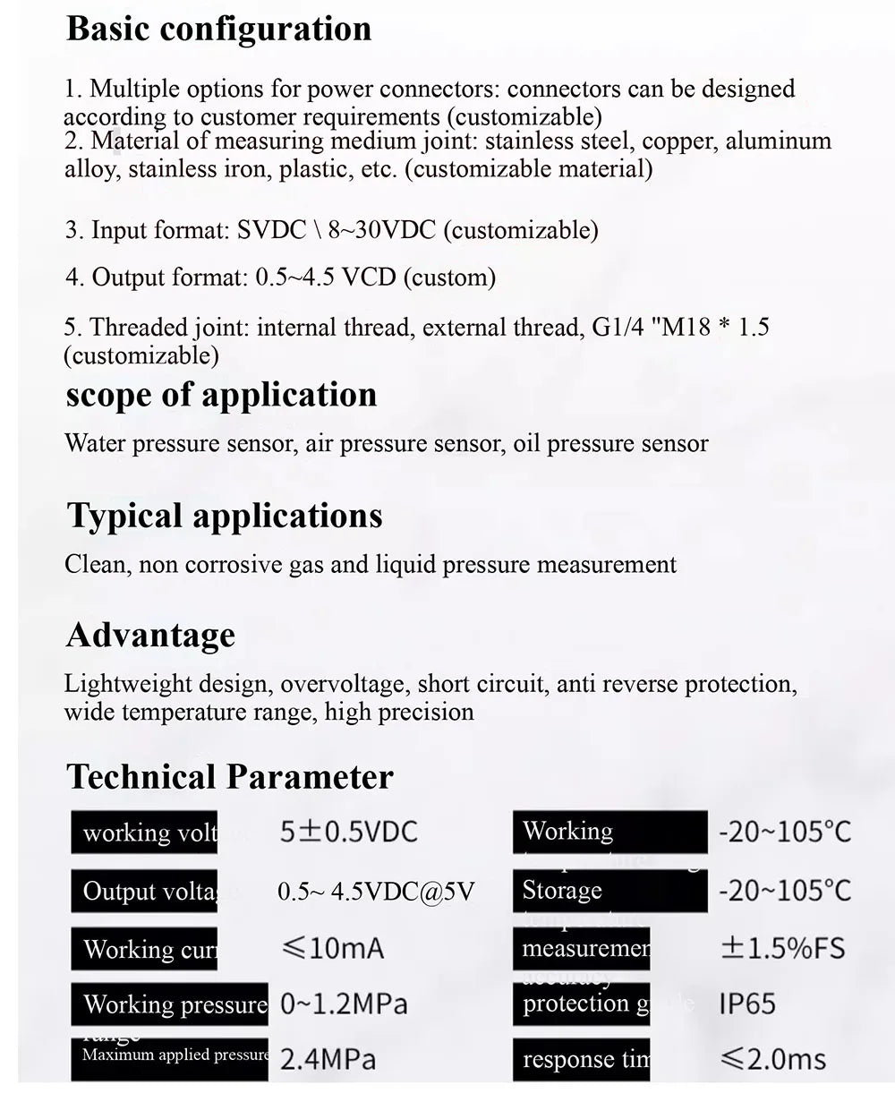 G1/4 DC5V 0-1.2 MPa Pressure Sensor Transducer Oil Fuel Diesel Gas Water Air Pressure Transducer With 19cm Cable
