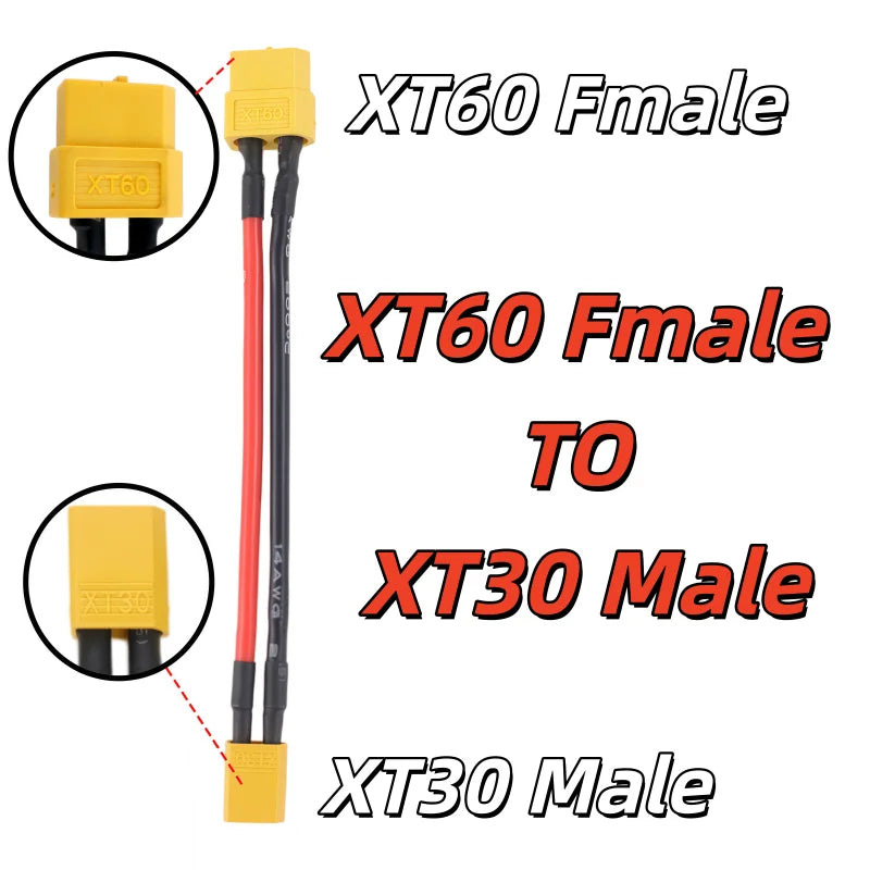 XT30 To XT60 Male/Female RC Lipo Battery Adapter 10CM Cable 14AWG Silicone Wire for FPV RC Car Accessories CineLog35 Drone Parts