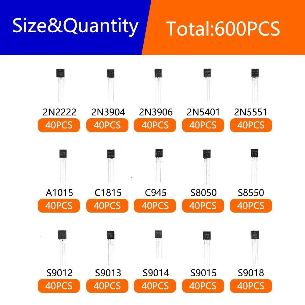 600PCS TO-92 Transistor Diodes Assorted Set 15 Types Pack of 40 Each including 2N2222 & S9018 for Electronics Projects