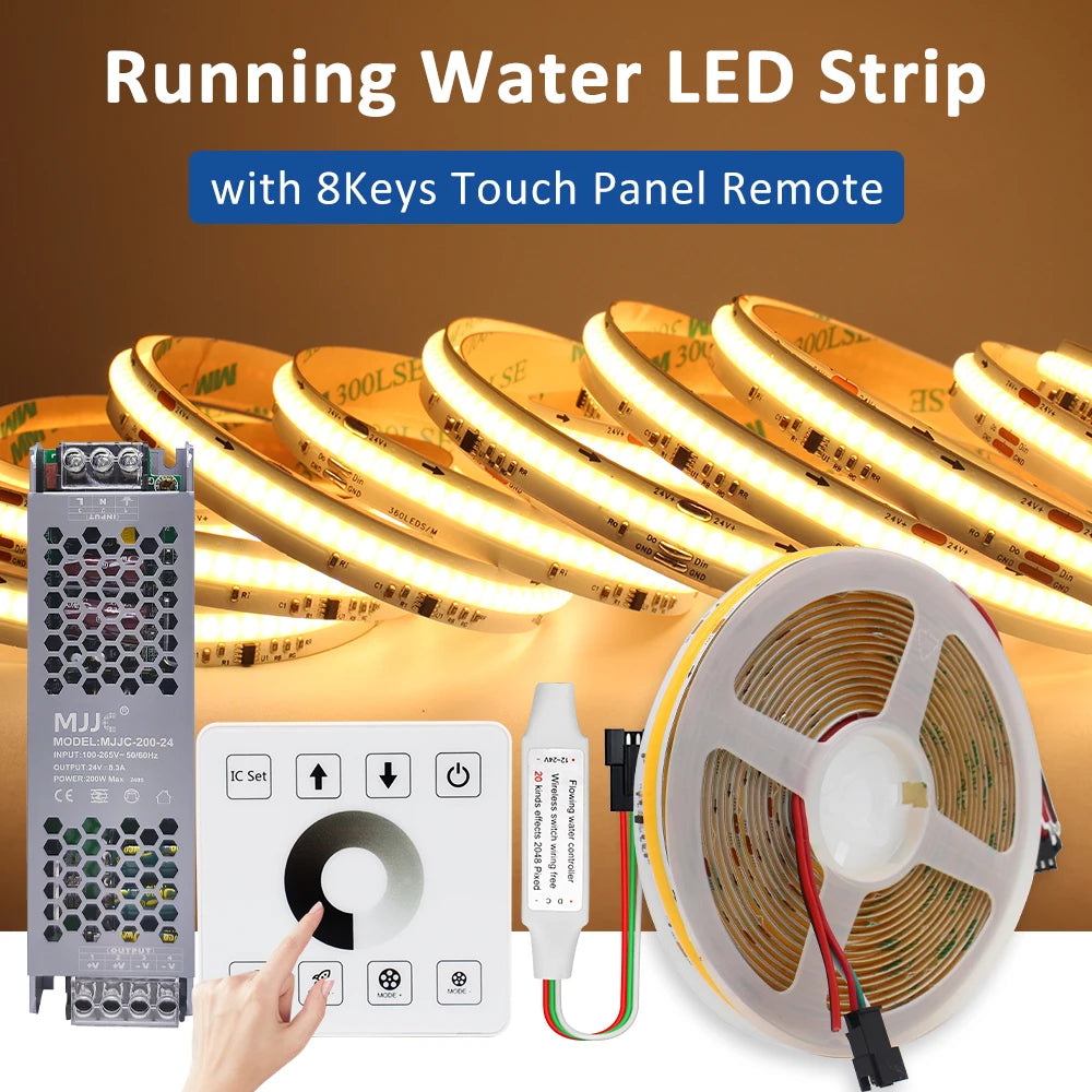 COB Horse Race LED Strip 24V WS2811 Running Water Flowing Light 360LEDs/m RF Touch Panel Controller 5M for Home Decoration