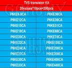 200pcs 20values*10pcs TVS transistor Kit P6KE6.8A/CA 12/15/18/20/22/24/27/30/33/36/39/51/68/75/150/200/300/400/440A/CA TVS Diode