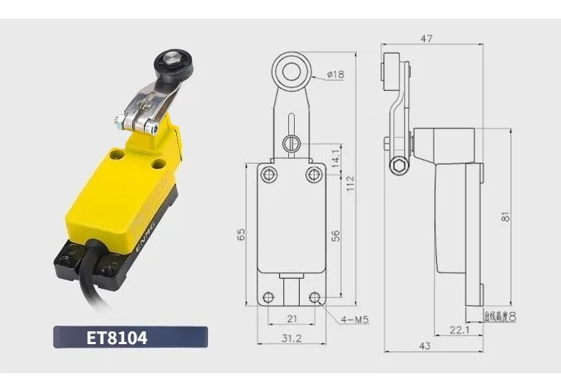IP67 Waterproof Travel Limit Switch Limit Switch Micro Movement Roller 8108 Sealed Three Core Wire Swing Switch