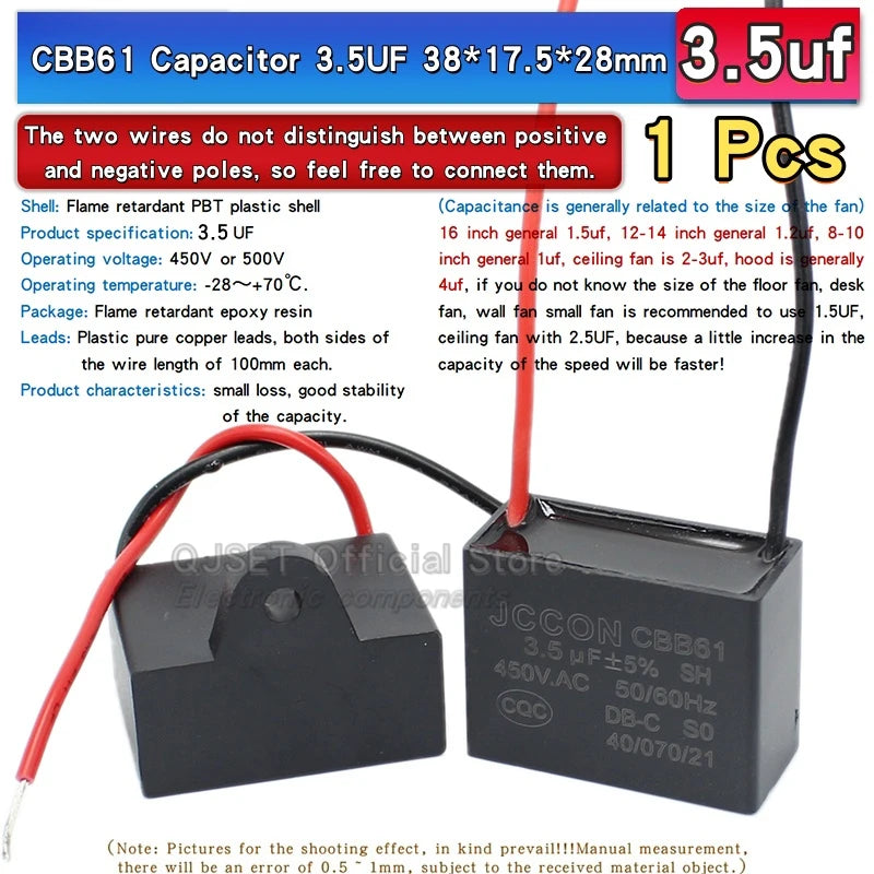 1pcs CBB61 Fan Starting Capacitor 450V 0.8/1/1.2/1.5/2/2.5/3/3.5/4/4.5/5/6/7/8/10/12/15/18/20UF Ceiling Fan Hood Motor Capacitor