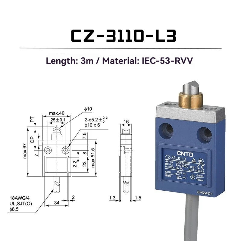 CNTD Micro Travel Limit Switch CZ‑3 Series CZ‑3101 CZ‑3104 CZ‑3108 CZ‑3112 IP67 Waterproof 5A 250V Position Control Switch