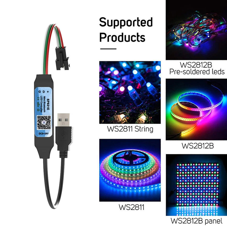 USB SP621E Mini Bluetooth LED Controller Smart APP Magic Color Dimmer SPI Addressable Digital IC for WS2812B 2811 5050 LED Strip