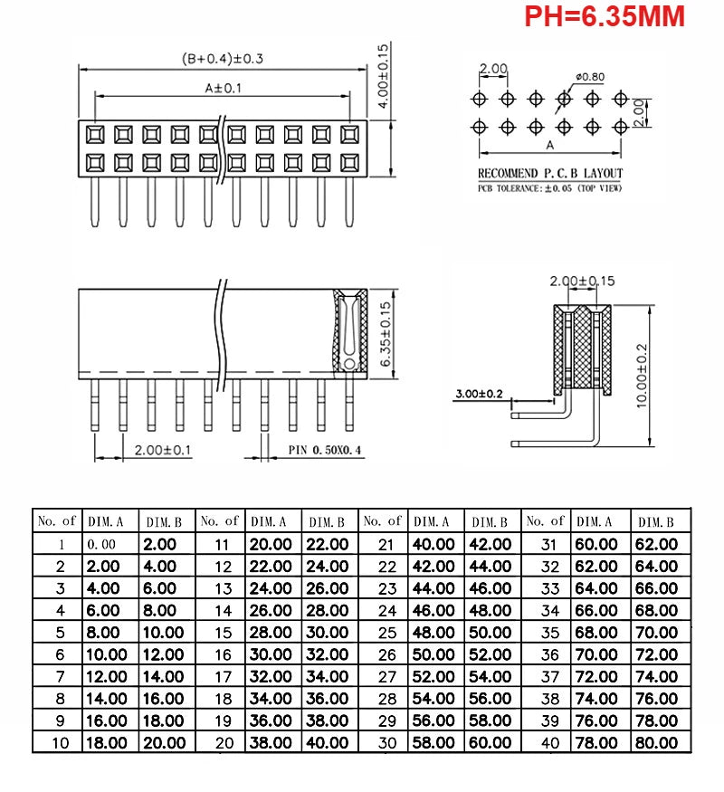 10pcs 2.0mm PH6.35/7.2mm Double Row Female Bent Pin Connector Right Angle 90 degree Socket 2*2P-40 Pin