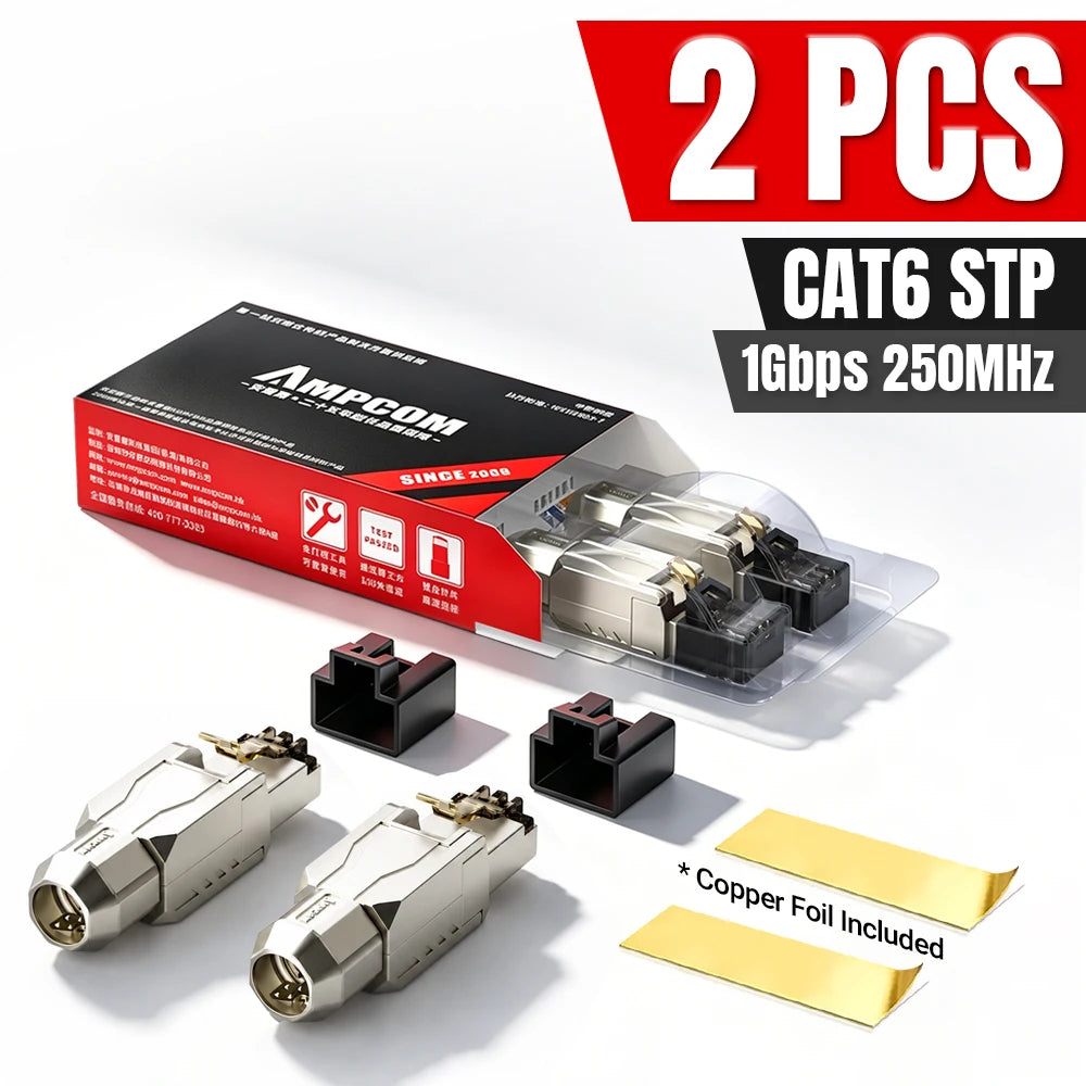 AMPCOM Crimp Free RJ45 Connector Zn-Alloy STP 40G 2000Mhz CAT8 CAT7 CAT6A CAT6 Feild Termination Plug for 22-26AWG 2Pcs