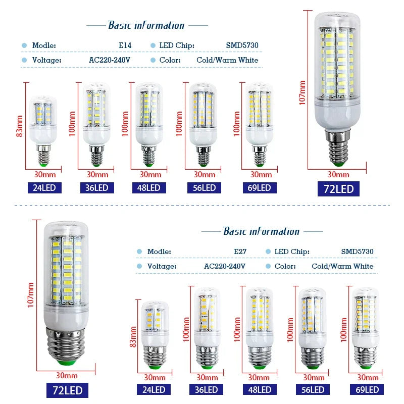 LED Bulb Lamp E27 E14 220V Corn Light Bulbs 24 36 48 56 69 72Leds 5730SMD Lampada Led Diode Lamps Energy Saving Lights for Home
