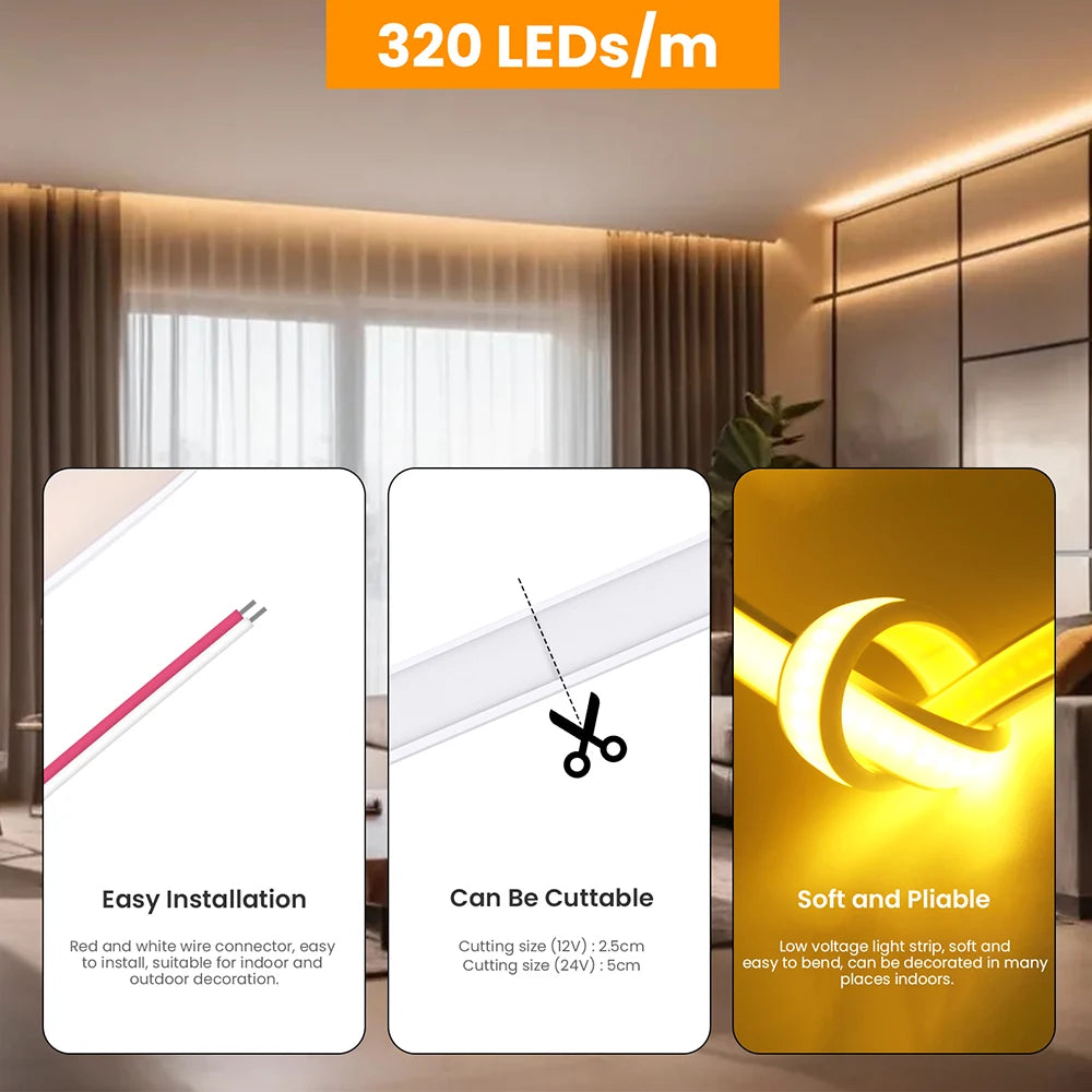 12V 24V COB LED Neon Strip Light Waterproof Ribbon Tape 2Pin Wire Warm Natural White 320LEDs/M Flexible Home Decor 0.5m 1m 2m 5m
