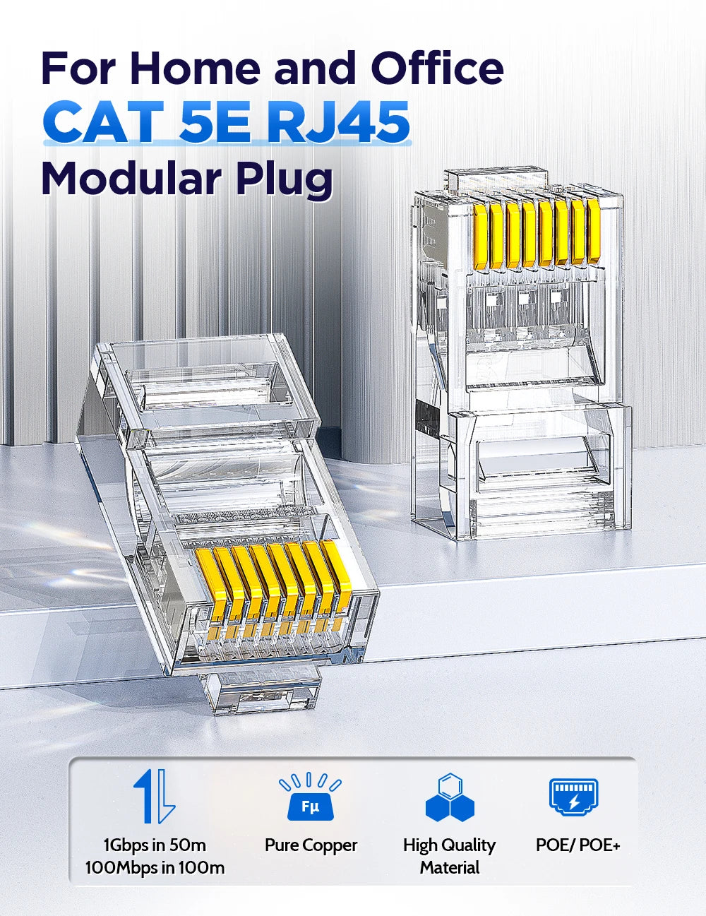 AMPCOM RJ45 Connector Pass Through CAT5E Modular Plug Network End UTP Fu Gold Plated 8P8C Crimp End For 24-28 AWG Ethernet Cable