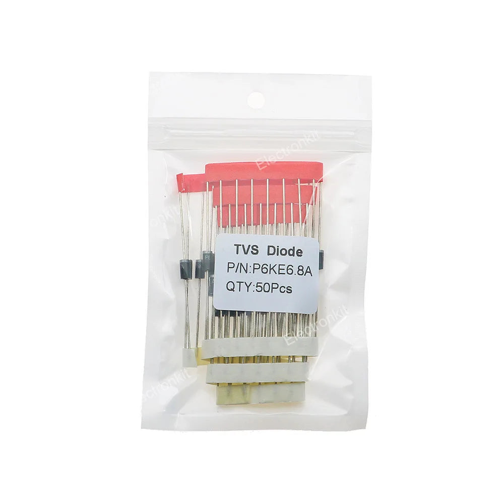50pcs/lot P6KE6.8A-P6KE220A P6KE Series TVS Diode Unidirectional Transient Voltage Suppressors for Power Supplies DO-201