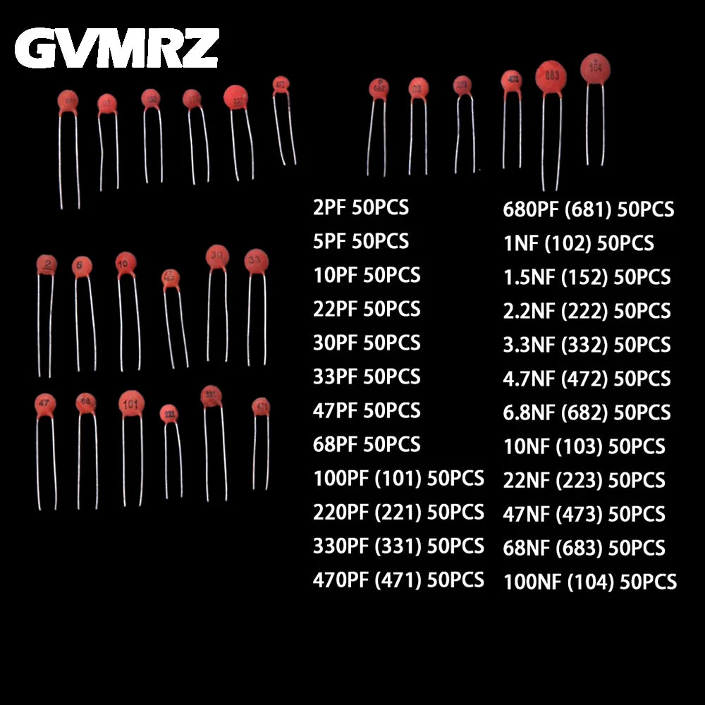 1200PCS 24Values 2pF-100nF 50V Ceramic Capacitors Through-hole Ceramic Capacitors