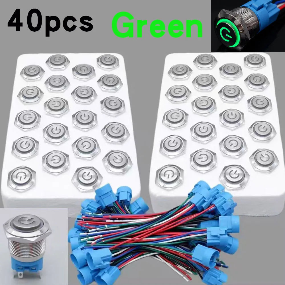40pcs 22mm Push Button Switch Latching Momentary Metal PC Power LED Light On Off with Wire Waterproof 12v 3v 5v 6v 24v 220v Red