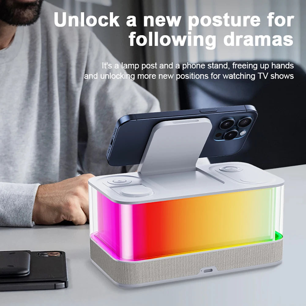 Domars Wireless Charger with Colorful Night Light and Built-In Audio Speaker Supports Fast Charging for Smartphones Earphones