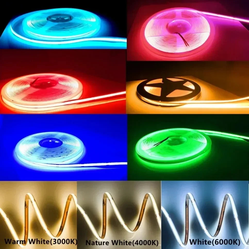 COB LED Strip Lights 320 LEDs/m High Density Flexible Dimmable FCOB Led Tape Colorful Rope Lighting DC12V 24V Red Green Blue