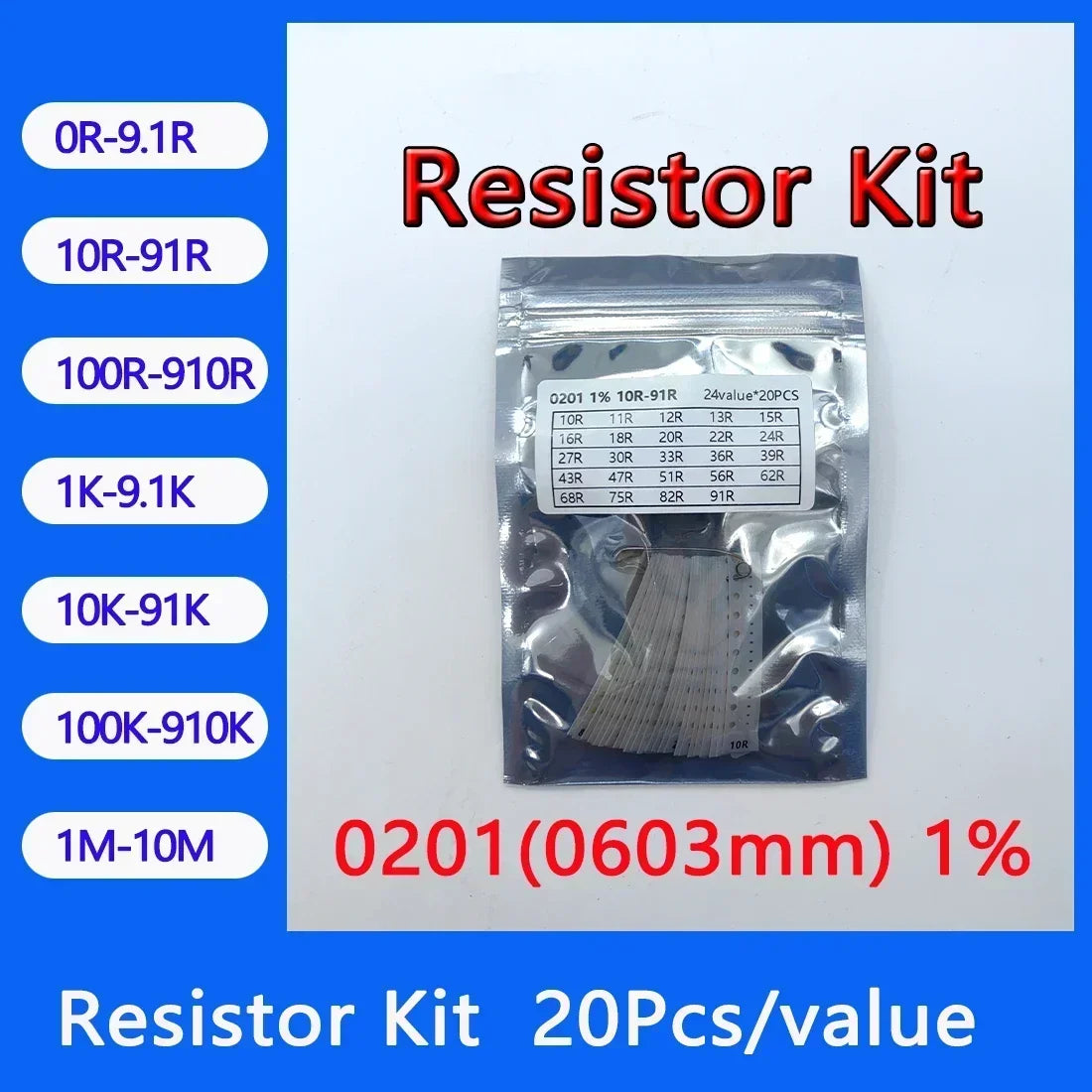 Resistor Kit 0201 0402 0603 0805 1206 1210 1812 2010 2512 SMD Resistor Package 24values*20PCS=480PCS 1% Sample Kit Resistor
